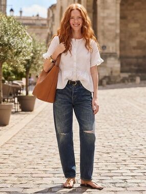 Madewell White Short-Sleeve Peplum Button-Up Blouse